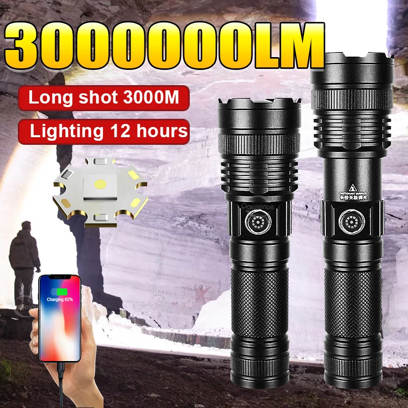 3000000LM Ultra Bright LED Flashlight High Power Flashlights Rechargeable 5000mAh Tactical Torch Outdoor Camping Hiking Lantern
3000000LM Ultra Bright LED Flashlight High Power Flashlights Rechargeable 5000mAh Tactical Torch Outdoor Camping Hiking Lantern