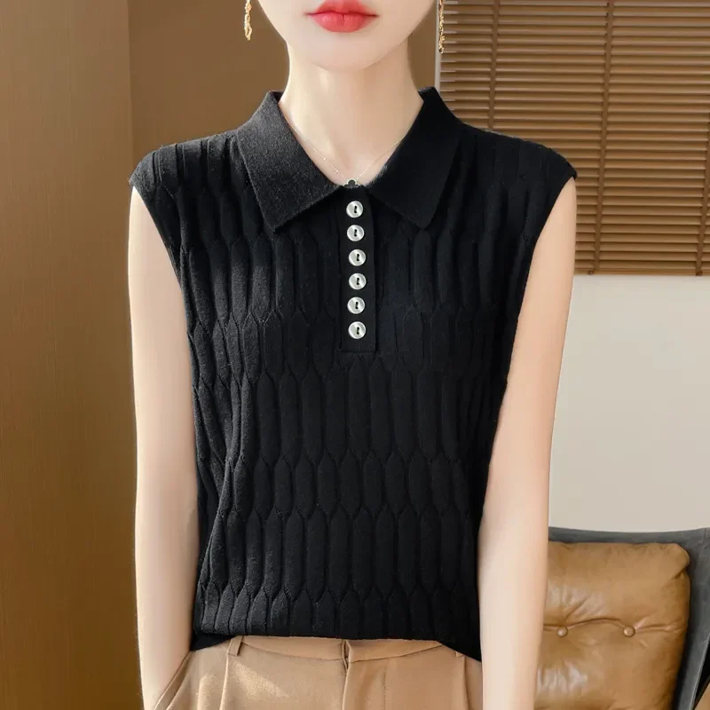 Women's Merino Wool Polo Neck Hollow Out Knit Sleeveless Top Loose Fit
Women's Merino Wool Polo Neck Hollow Out Knit Sleeveless Top Loose Fit