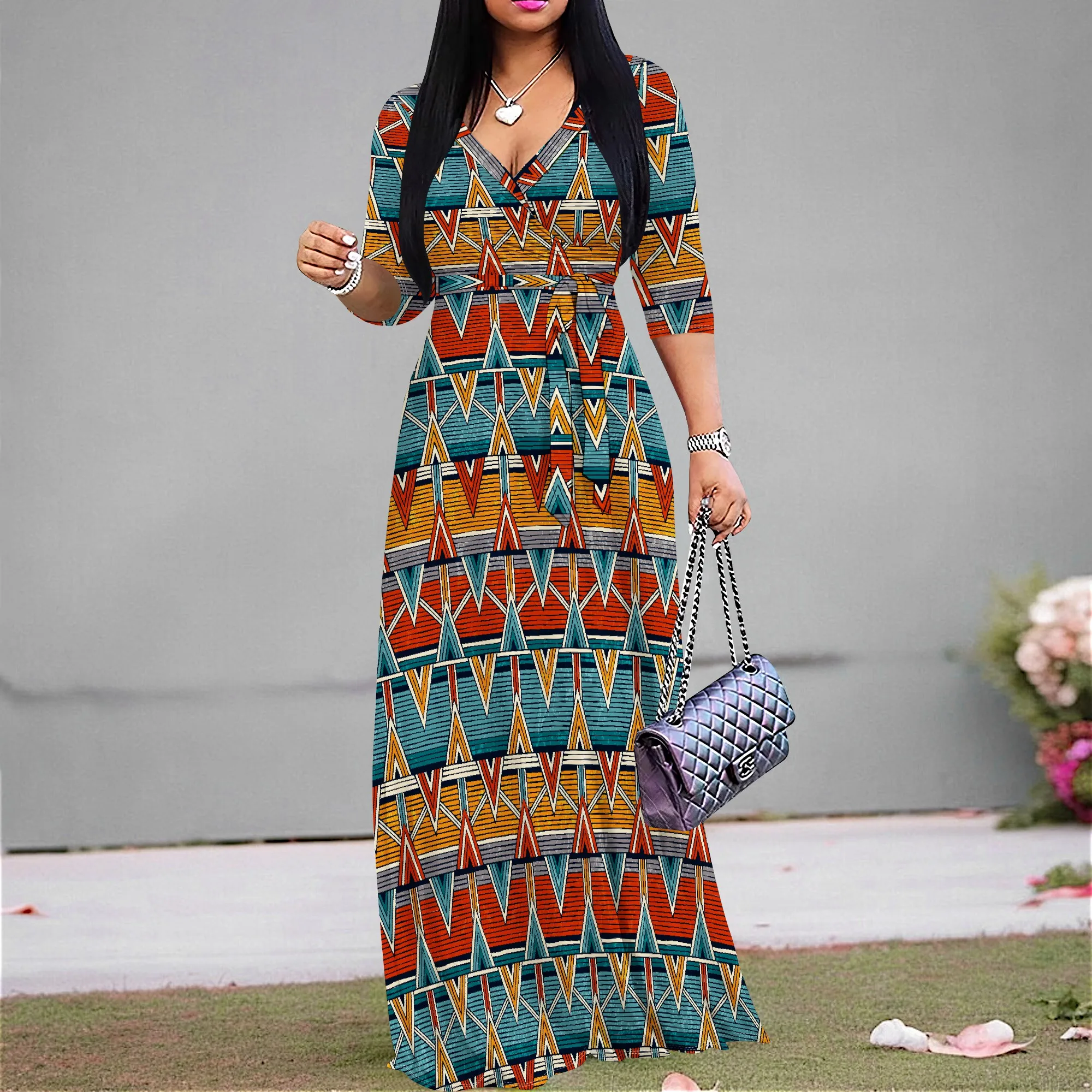 Women's 3/4 Sleeve V Neck Women With Pocket and Bel Long Dress Fashion Printed Split Hem Club Party Casual Vacation Maxi Dress
Women's 3/4 Sleeve V Neck Women With Pocket and Bel Long Dress Fashion Printed Split Hem Club Party Casual Vacation Maxi Dress