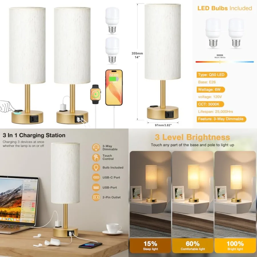 Gold Touch Table Lamps Set - 3 Way Dimmable Bedroom Lamps with USB C and A Ports, Small Lamps for Nightstand with AC Outlet, Ro
Gold Touch Table Lamps Set - 3 Way Dimmable Bedroom Lamps with USB C and A Ports, Small Lamps for Nightstand with AC Outlet, Ro
