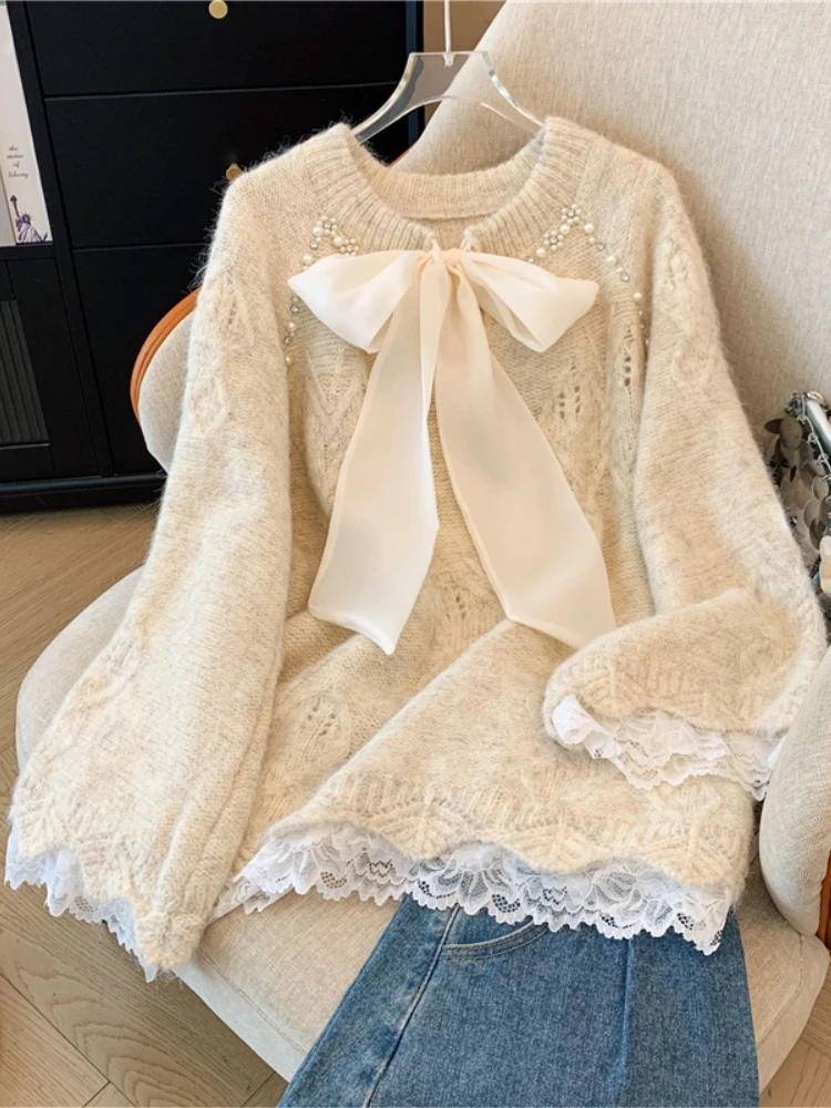 Lace Splice Knot Sweater Women Spring Autumn plus Size Heavy Embroidery Korean Style Loose Fit Knitted Top
Lace Splice Knot Sweater Women Spring Autumn plus Size Heavy Embroidery Korean Style Loose Fit Knitted Top