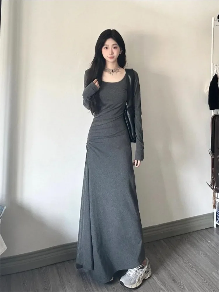 Gray Maxi Dress Women Elegant Pure Korean Style Soft Tunic A-line Autumn Chic Shirring Harajuku Fashion Steetwear Sexy Vestidos
Gray Maxi Dress Women Elegant Pure Korean Style Soft Tunic A-line Autumn Chic Shirring Harajuku Fashion Steetwear Sexy Vestidos