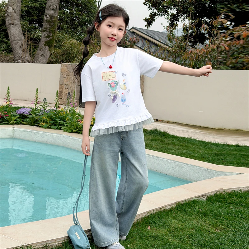 Children Clothes Girls Summer Cartoon Print Short Sleeve T Shirt Lace Ruffle Hem and Rhinestone Wide Leg Jeans 110-170cm 15-50kg
Children Clothes Girls Summer Cartoon Print Short Sleeve T Shirt Lace Ruffle Hem and Rhinestone Wide Leg Jeans 110-170cm 15-50kg