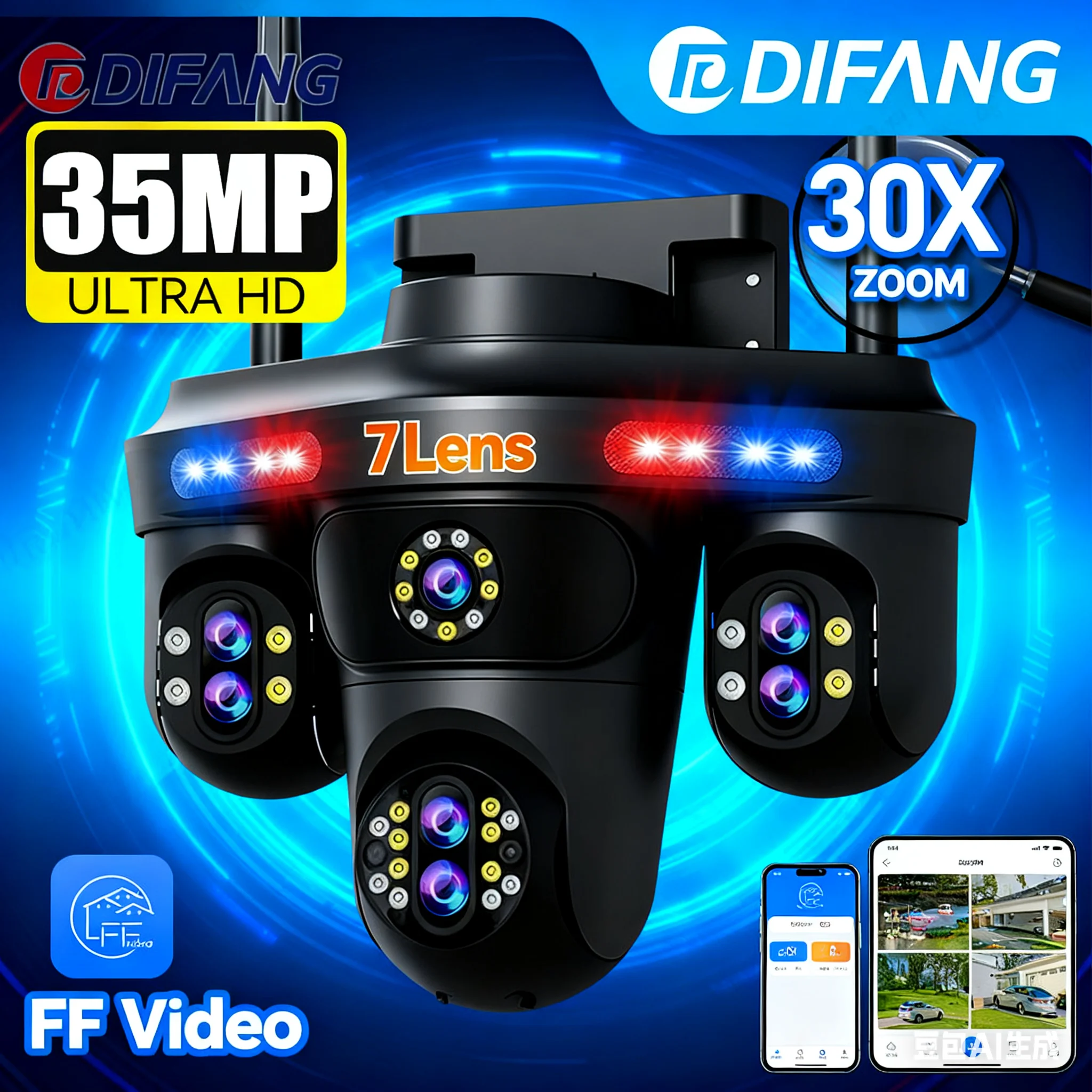 DIFANG 35MP Four Screens WiFi Security Camera Outdoor Seven Lens Three PTZ 10X Optical Zoom Cameras Auto Tracking CCTV Camera
DIFANG 35MP Four Screens WiFi Security Camera Outdoor Seven Lens Three PTZ 10X Optical Zoom Cameras Auto Tracking CCTV Camera