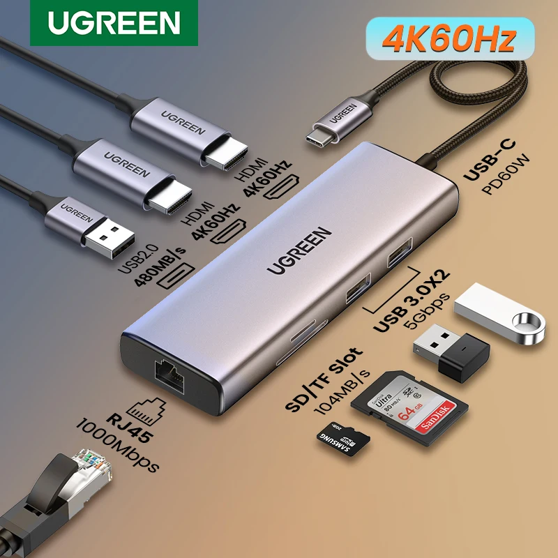 UGREEN USB C HUB 4K 60Hz USB C to 2xHDMI 2.0 RJ45 USB 3.0 PD Adapter for Macbook iPad Pro Air M1 PC Accessories USB C Splitter
UGREEN USB C HUB 4K 60Hz USB C to 2xHDMI 2.0 RJ45 USB 3.0 PD Adapter for Macbook iPad Pro Air M1 PC Accessories USB C Splitter