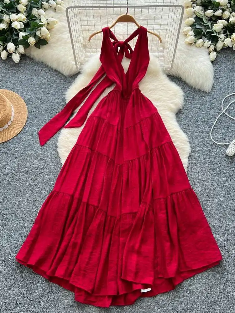 Women Elegant Beach Dress Summer Sexy V-neck Hanging Backless Long Dresses Ladies Solid Vintage A-line Long Robe Vestidos
Women Elegant Beach Dress Summer Sexy V-neck Hanging Backless Long Dresses Ladies Solid Vintage A-line Long Robe Vestidos