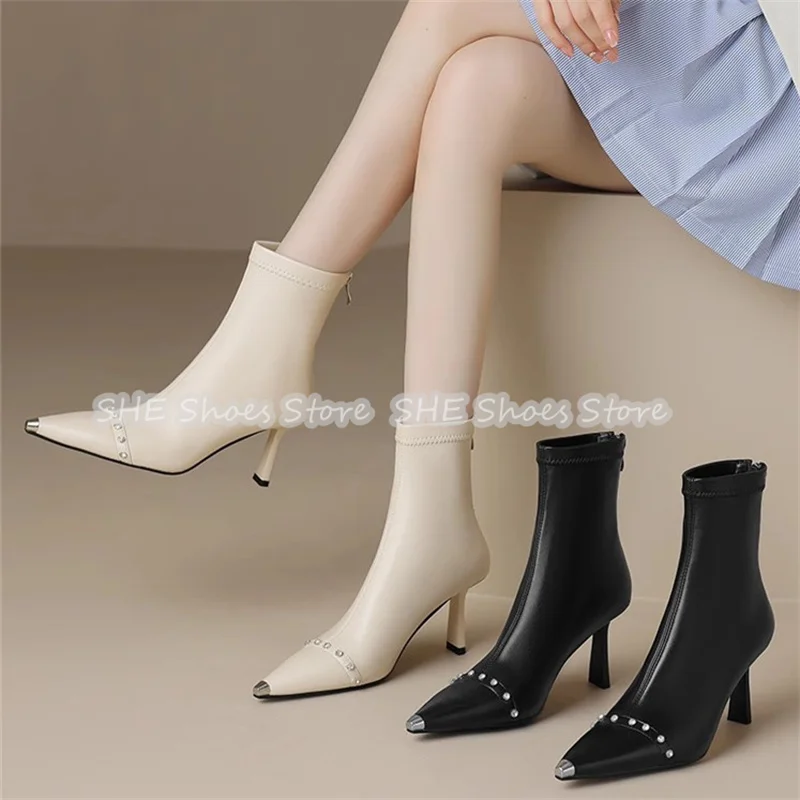 Women Ankle Boots Fashion Genuine Leather High Heel Strecth Boots Rhinestone Rivet Metal Pointed Toe Ladies Zipper Short Boots
Women Ankle Boots Fashion Genuine Leather High Heel Strecth Boots Rhinestone Rivet Metal Pointed Toe Ladies Zipper Short Boots