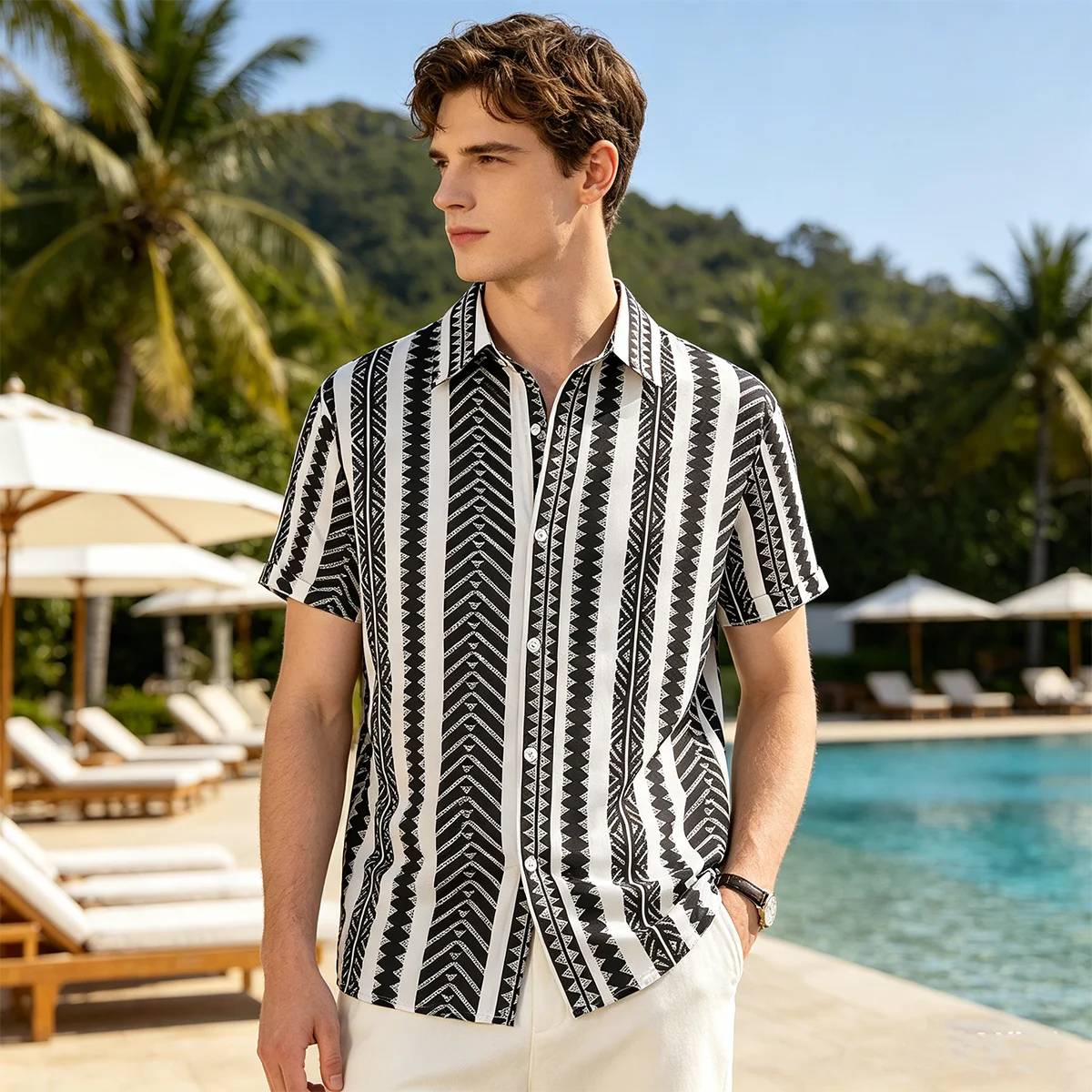 Retro Men's Geometric Striped Shirt Short Sleeve Tribal Print Button Down Shirt Hawaiian Summer Top Black White Colorblock
Retro Men's Geometric Striped Shirt Short Sleeve Tribal Print Button Down Shirt Hawaiian Summer Top Black White Colorblock