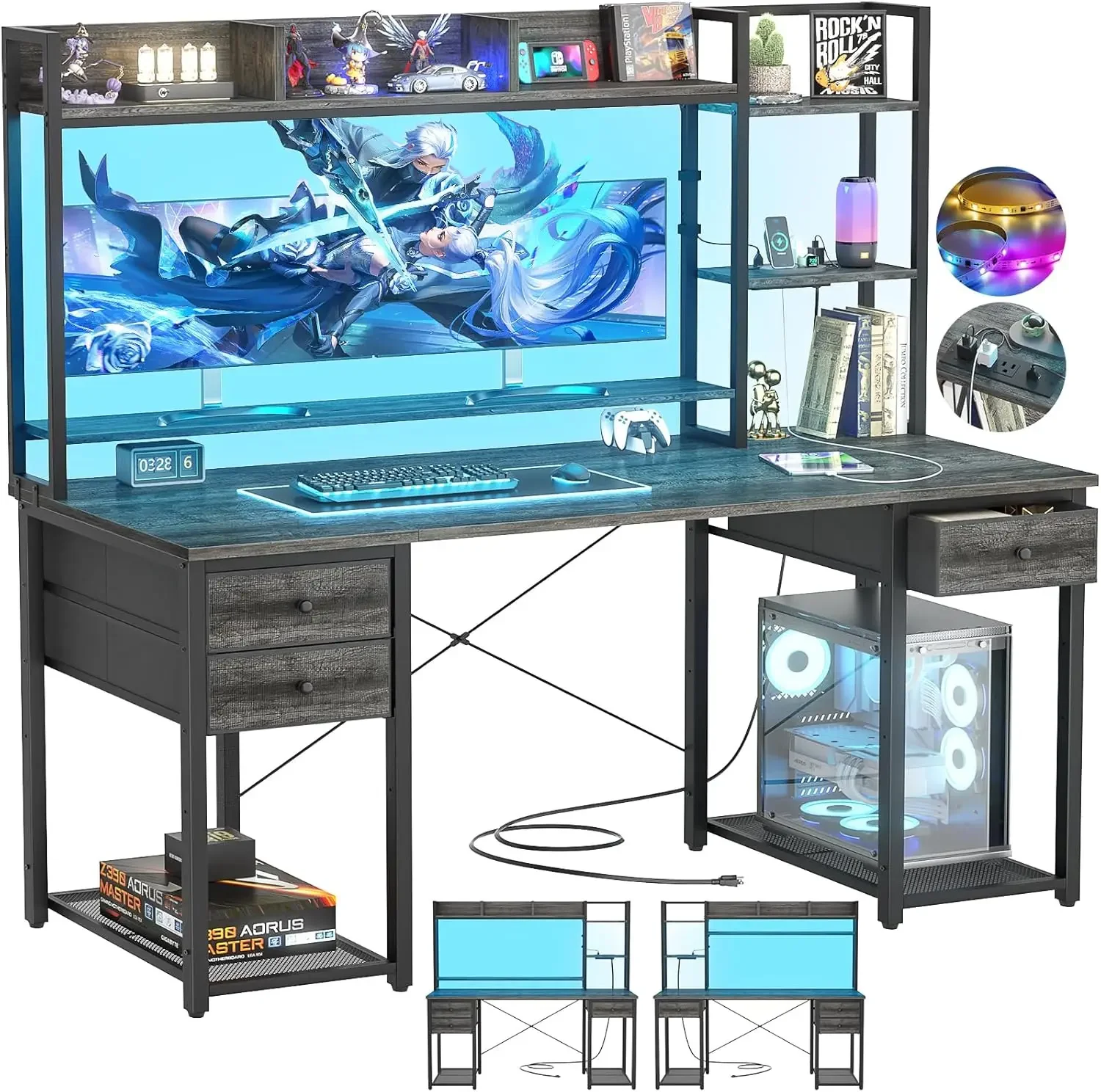 Desk with LED and Outlets, Gaming Desks with Hutch, 55.2'' Computer Desk with Drawers, Reversible Office Desk with Storage Books
Desk with LED and Outlets, Gaming Desks with Hutch, 55.2'' Computer Desk with Drawers, Reversible Office Desk with Storage Books