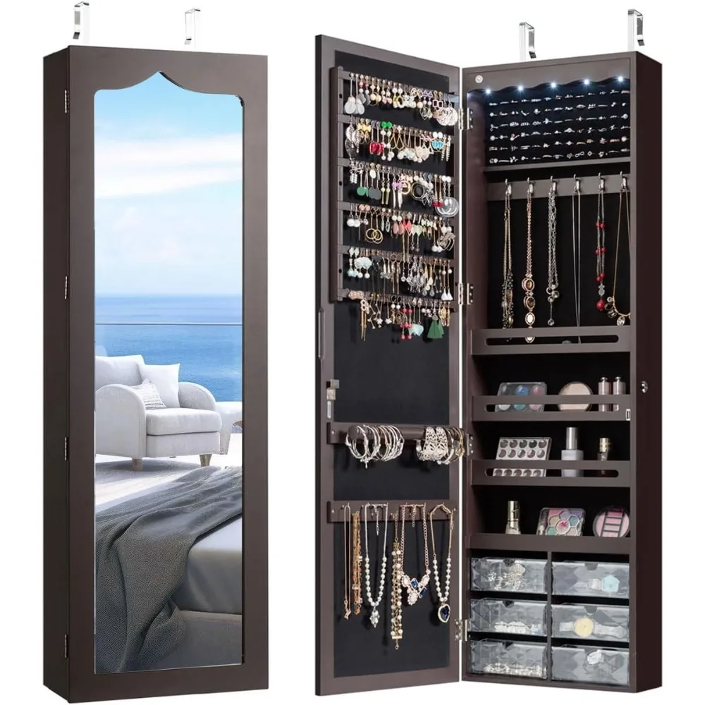 Jewelry Cabinet Armoire, Wall Mount Door Hanging, Lockable Jewelry Organizer with 47.5'' Full Length Mirror, 5 Lights, Large
Jewelry Cabinet Armoire, Wall Mount Door Hanging, Lockable Jewelry Organizer with 47.5'' Full Length Mirror, 5 Lights, Large