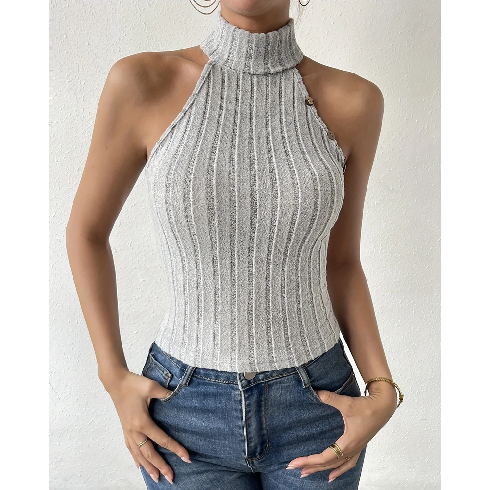 Casual Women Sexy Ribbed Button Decor Sleeveless High Neck Tank Top Blouse Femme Summer Fashion Elegant Vest Tee Shirts Outwear
Casual Women Sexy Ribbed Button Decor Sleeveless High Neck Tank Top Blouse Femme Summer Fashion Elegant Vest Tee Shirts Outwear