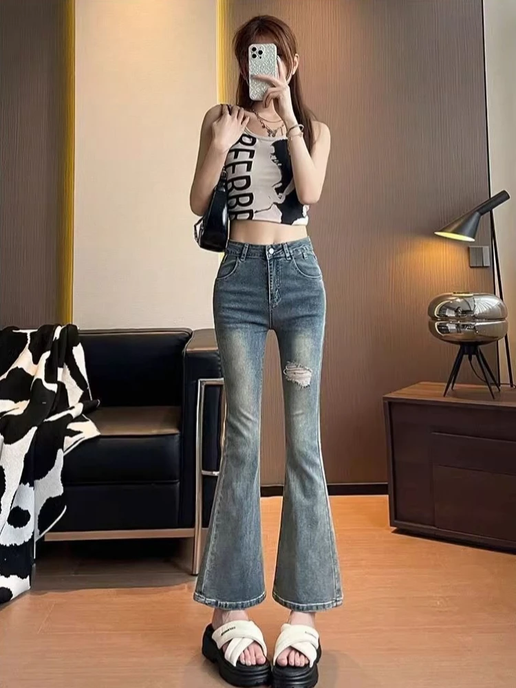 Retro Distressed Flared Jeans Women Lightweight Summer High Waist Petite 2026 Latest Design Horse-Hoof Flare Trousers
Retro Distressed Flared Jeans Women Lightweight Summer High Waist Petite 2026 Latest Design Horse-Hoof Flare Trousers