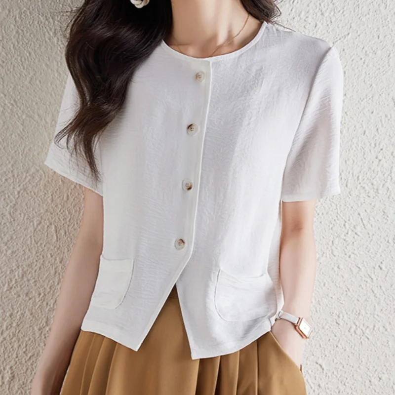Summer Cotton and Linen Women's Shirts Pockets 2025 New Single Breasted Short Sleeve Solid Elegant Short Shirts Tops Female
Summer Cotton and Linen Women's Shirts Pockets 2025 New Single Breasted Short Sleeve Solid Elegant Short Shirts Tops Female
