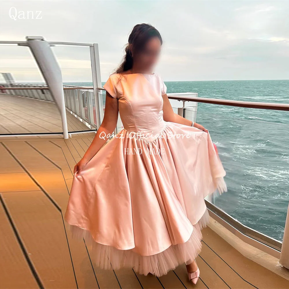 Qanz Elegant Blush Pink Evening Dresses Short Cap Sleeves Wedding Party Dress Tea Length Vestido De Gala Noche Mujer Customized
Qanz Elegant Blush Pink Evening Dresses Short Cap Sleeves Wedding Party Dress Tea Length Vestido De Gala Noche Mujer Customized