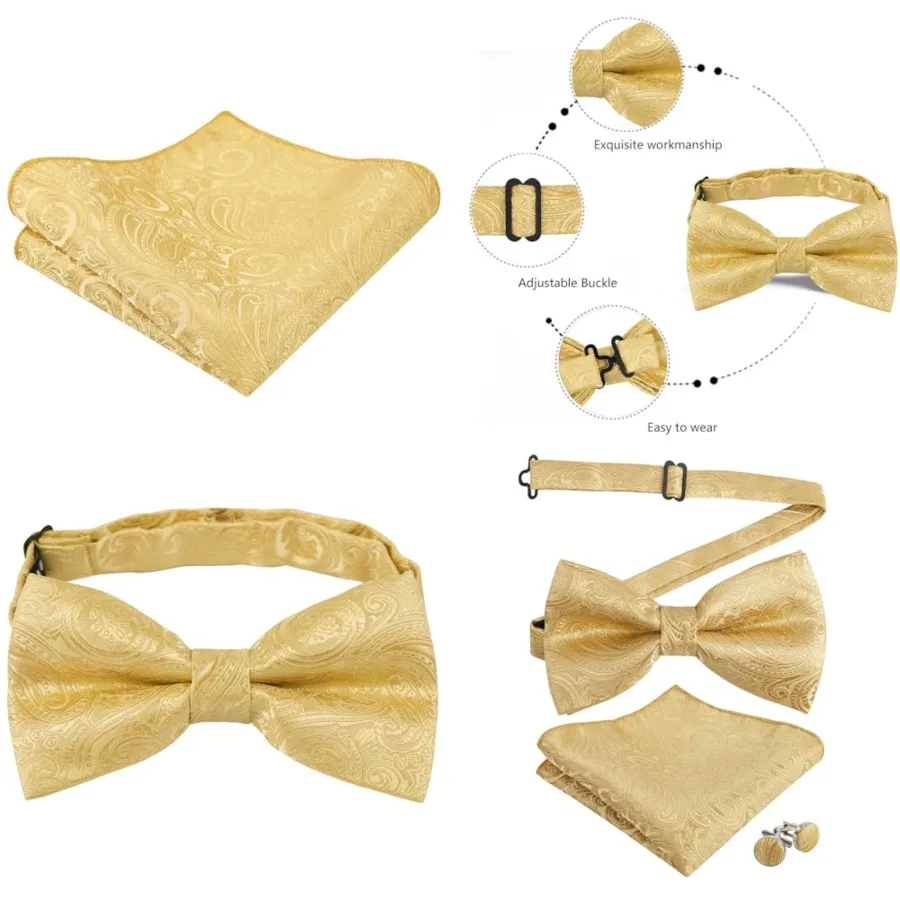 Mens Paisley Bow Tie, Pocket Square, Cufflinks Set,Gold-1
Mens Paisley Bow Tie, Pocket Square, Cufflinks Set,Gold-1
