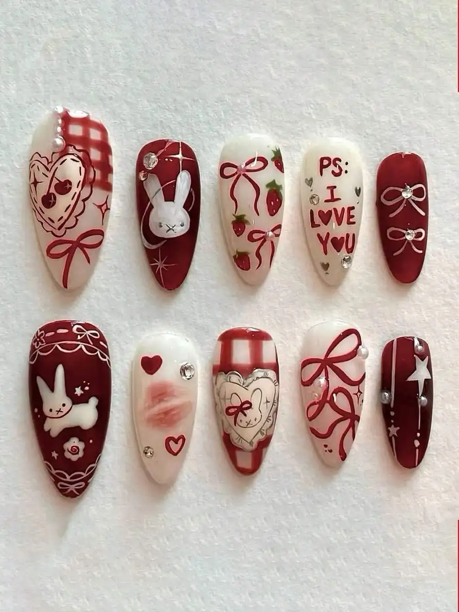 10Pcs Handmade European & American Style Nail Stickers With Heart, Star, Pearl, Bow Decor - Glossy Nude & Black Dual Color, Shor
10Pcs Handmade European & American Style Nail Stickers With Heart, Star, Pearl, Bow Decor - Glossy Nude & Black Dual Color, Shor
