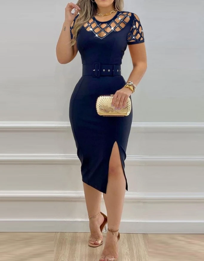 Women's Dress 2025 Spring Summer Latest Rhinestone Round Neck Hollow Out Short Sleeve Bodycon Skirt Sexy Side Slit Mid Dress
Women's Dress 2025 Spring Summer Latest Rhinestone Round Neck Hollow Out Short Sleeve Bodycon Skirt Sexy Side Slit Mid Dress