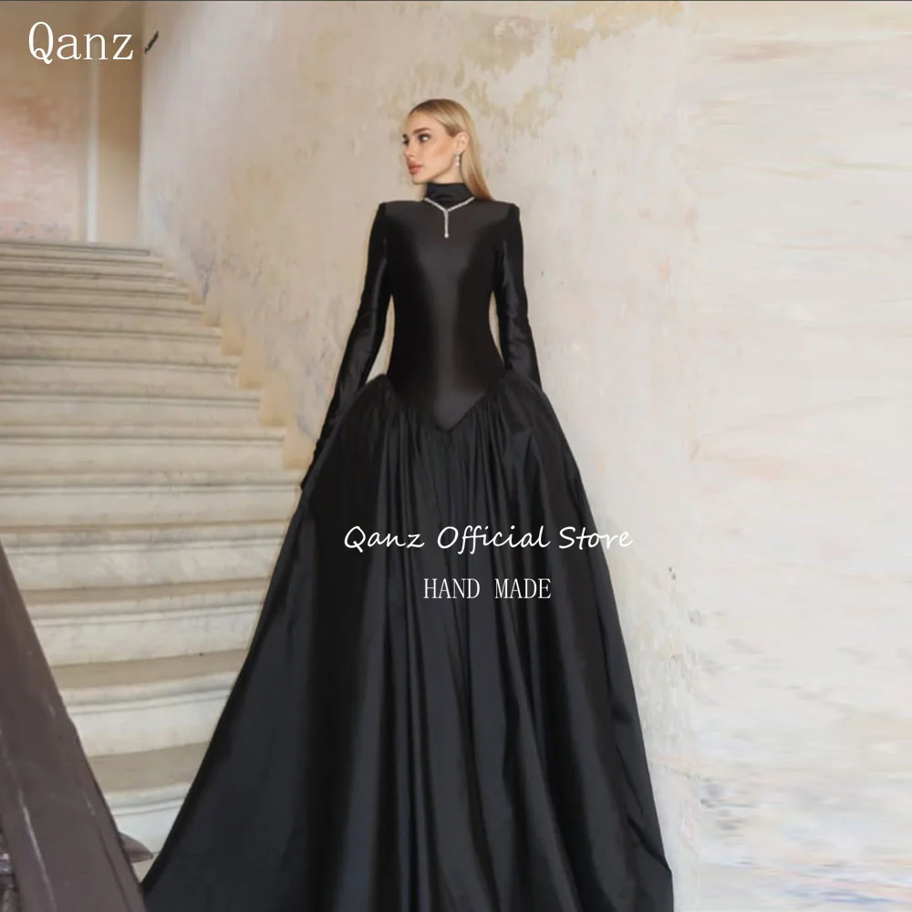 Qanz Black Soft Satin Prom Dresses Long Sleeves High Neck Vestidos De Fiesta Elegantes Women A line Evening gowns Customized
Qanz Black Soft Satin Prom Dresses Long Sleeves High Neck Vestidos De Fiesta Elegantes Women A line Evening gowns Customized