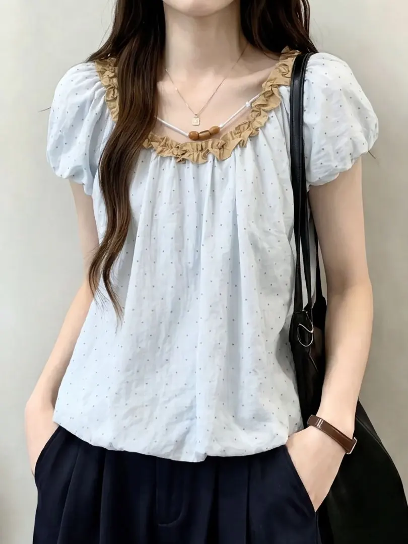 Women's Polka Dot Bubble Sleeve Shirt Spring Summer Bright Matching Beaded Youthful Gingham Doll Top Flounce Cap Sleeve Blouse
Women's Polka Dot Bubble Sleeve Shirt Spring Summer Bright Matching Beaded Youthful Gingham Doll Top Flounce Cap Sleeve Blouse