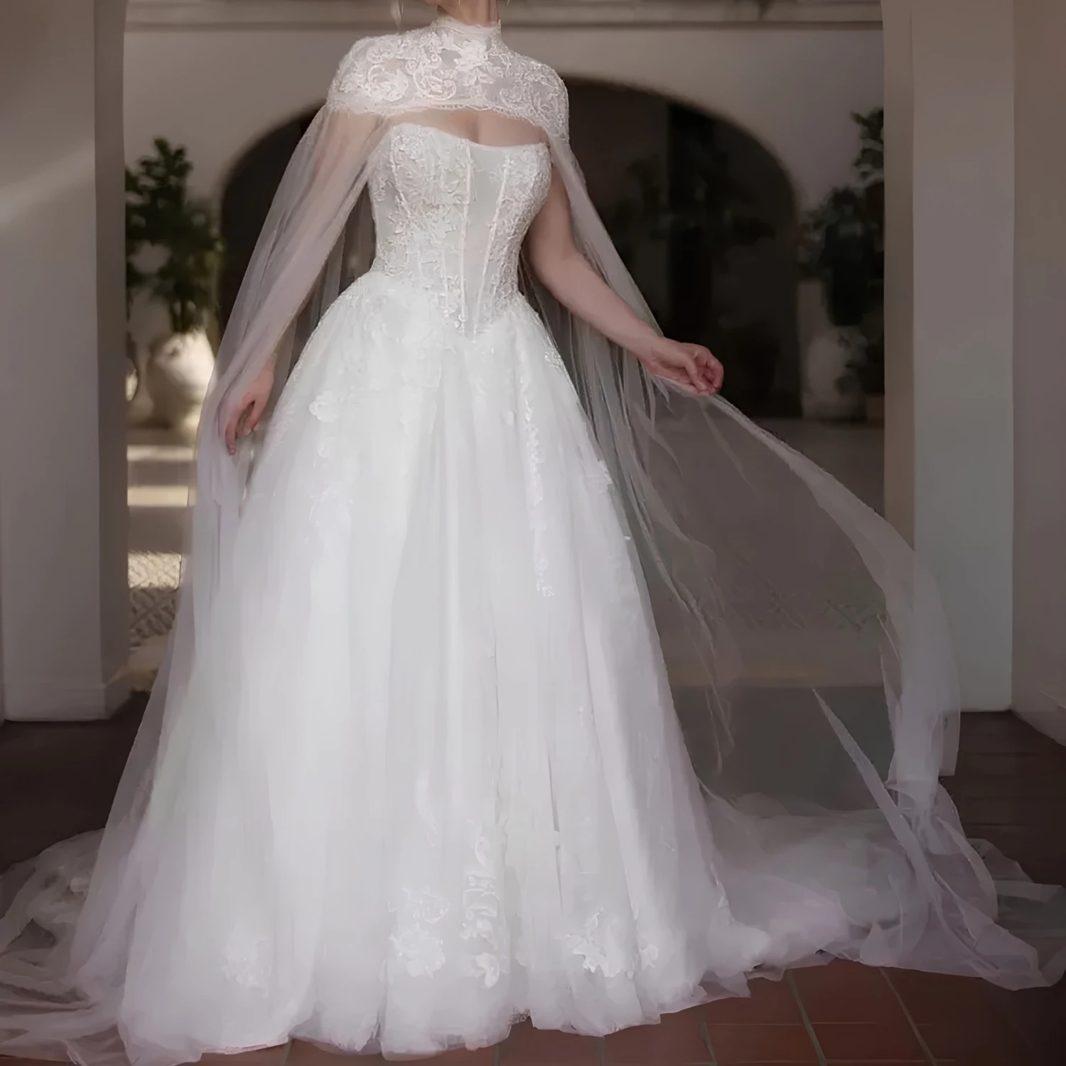 Strapless Lace Tulle A-Line Wedding Dress Detachable Lace Cape Corset Bodice Voluminous Skirt Cathedral Train Luxury Bridal Gown
Strapless Lace Tulle A-Line Wedding Dress Detachable Lace Cape Corset Bodice Voluminous Skirt Cathedral Train Luxury Bridal Gown