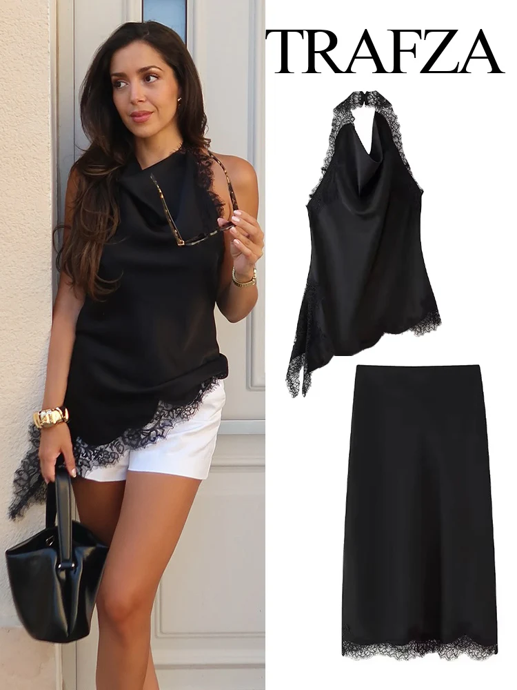 TRAFZA Women Sexy Fashion Slim Halter Neck Lace Sleeveless Backless Top+Mid-Waist Zipper Silk Satin Textured Hem Slit Skirt Suit
TRAFZA Women Sexy Fashion Slim Halter Neck Lace Sleeveless Backless Top+Mid-Waist Zipper Silk Satin Textured Hem Slit Skirt Suit
