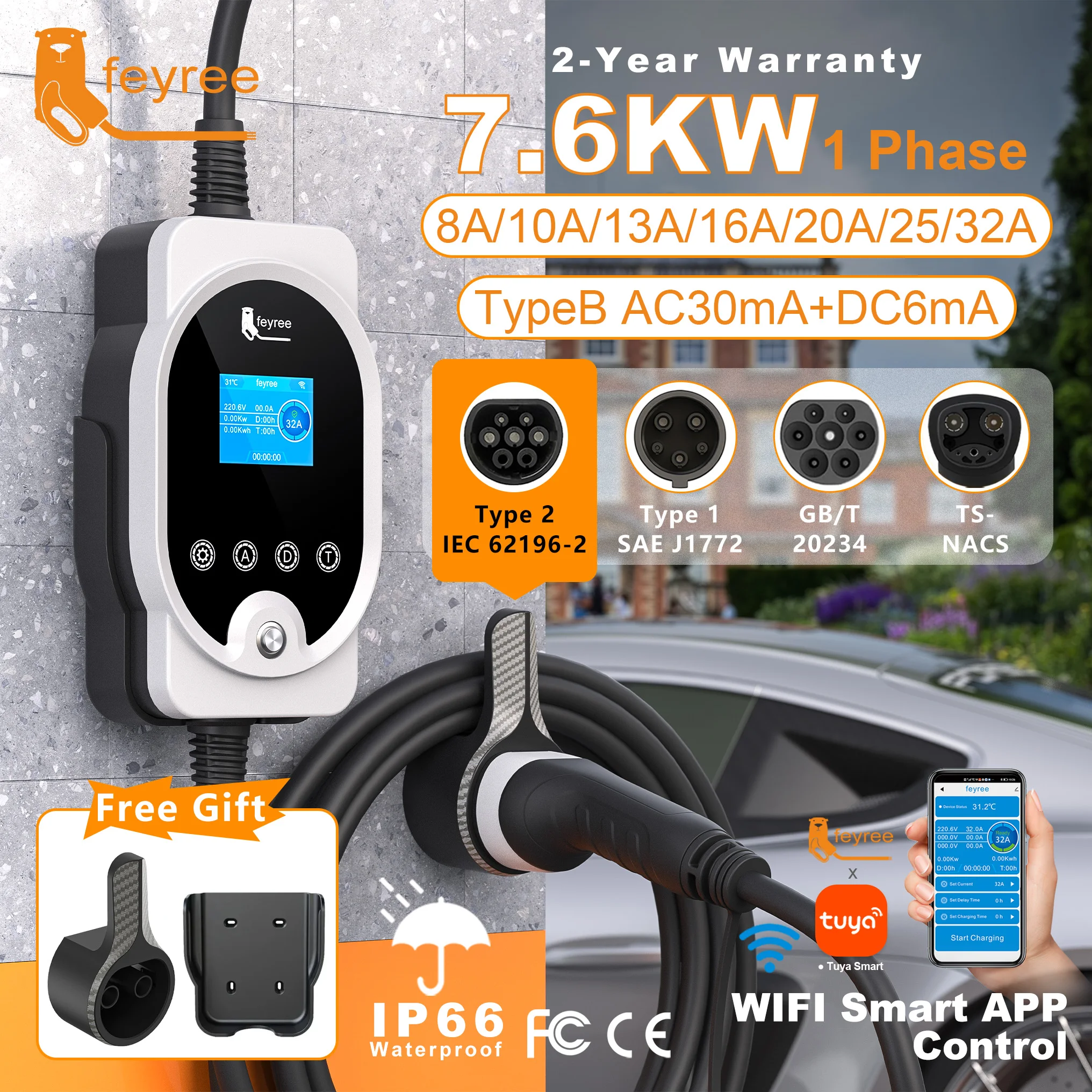feyree Type2 7KW 32A 1P APP Wi-Fi Control Setting Current & Charging Time Type1 / GBT / TS-NACS Plug
feyree Type2 7KW 32A 1P APP Wi-Fi Control Setting Current & Charging Time Type1 / GBT / TS-NACS Plug
