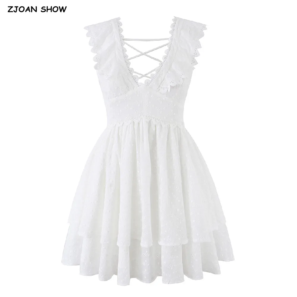 2026 Women White Embroidery Hole Sleeveless Dress Cross Lacing Up Bandage Back Backless Tank Dresses 2 Layers Hem Short Robe
2026 Women White Embroidery Hole Sleeveless Dress Cross Lacing Up Bandage Back Backless Tank Dresses 2 Layers Hem Short Robe