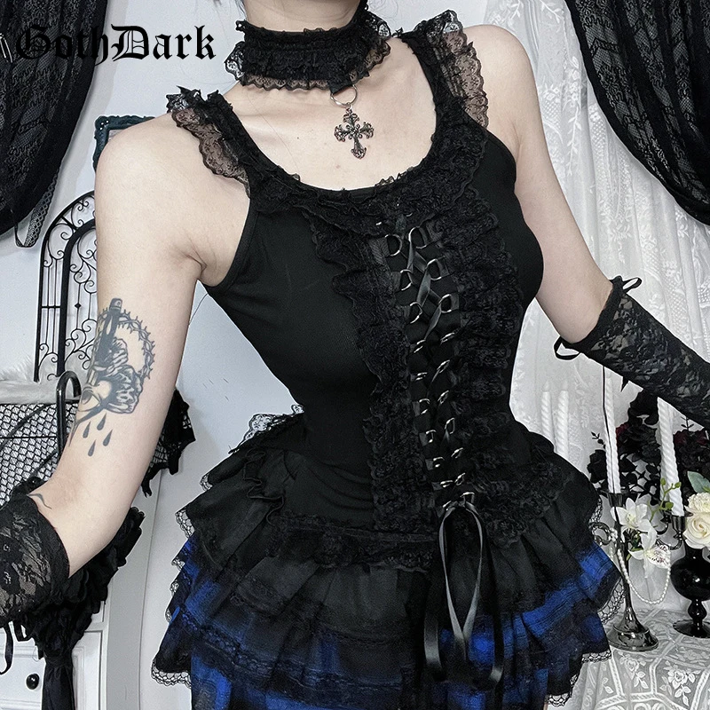 Goth Dark Teachwear Fairycore Lace Patchwork Straps Skinny Tank Top Mall Gothic Bandage Camisole Women Punk Vests with Necklace
Goth Dark Teachwear Fairycore Lace Patchwork Straps Skinny Tank Top Mall Gothic Bandage Camisole Women Punk Vests with Necklace