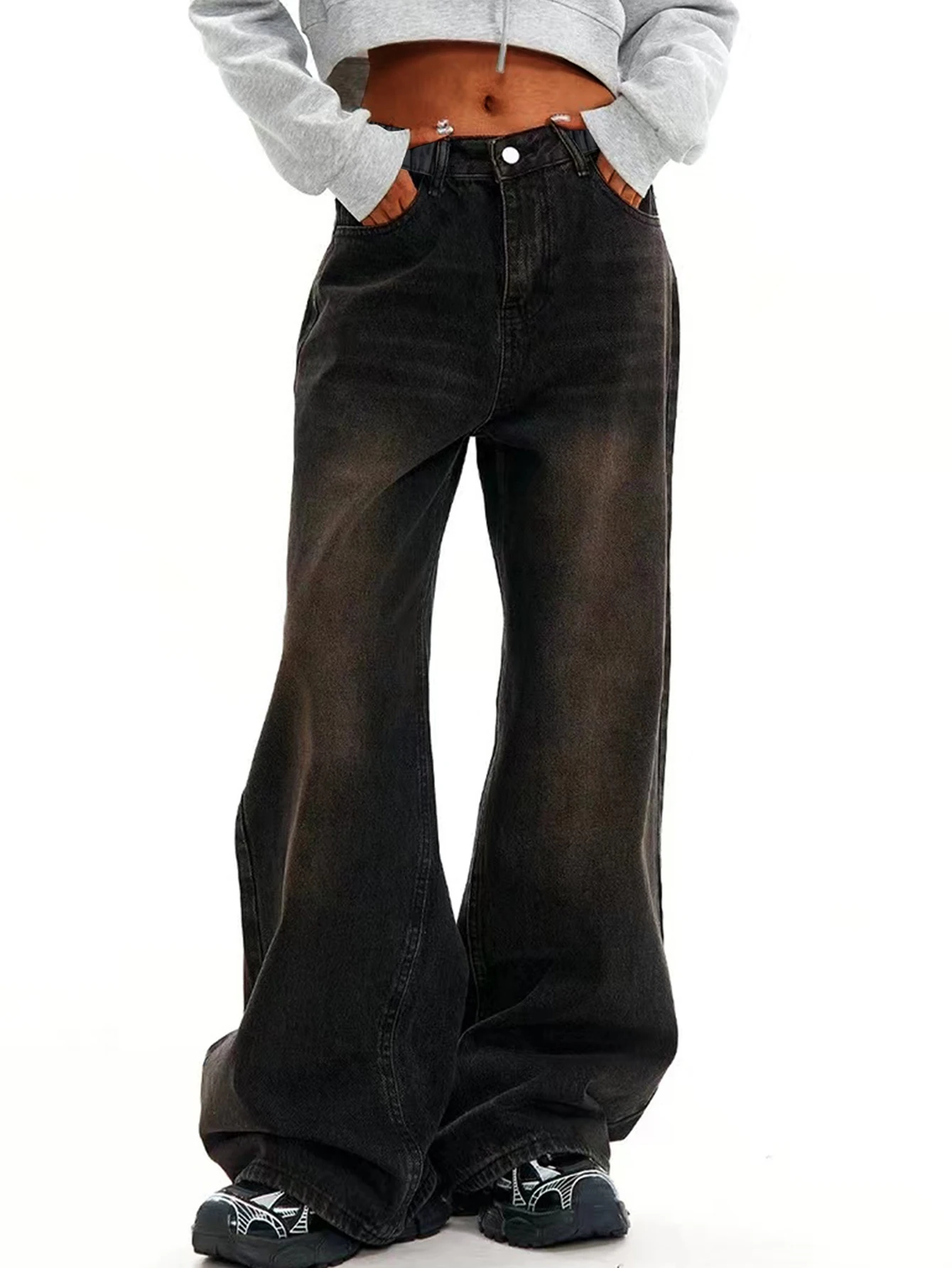 Vintage-washed black wide-leg straight-leg jeans for teenage girls - loose, casual, long-length denim pants
Vintage-washed black wide-leg straight-leg jeans for teenage girls - loose, casual, long-length denim pants