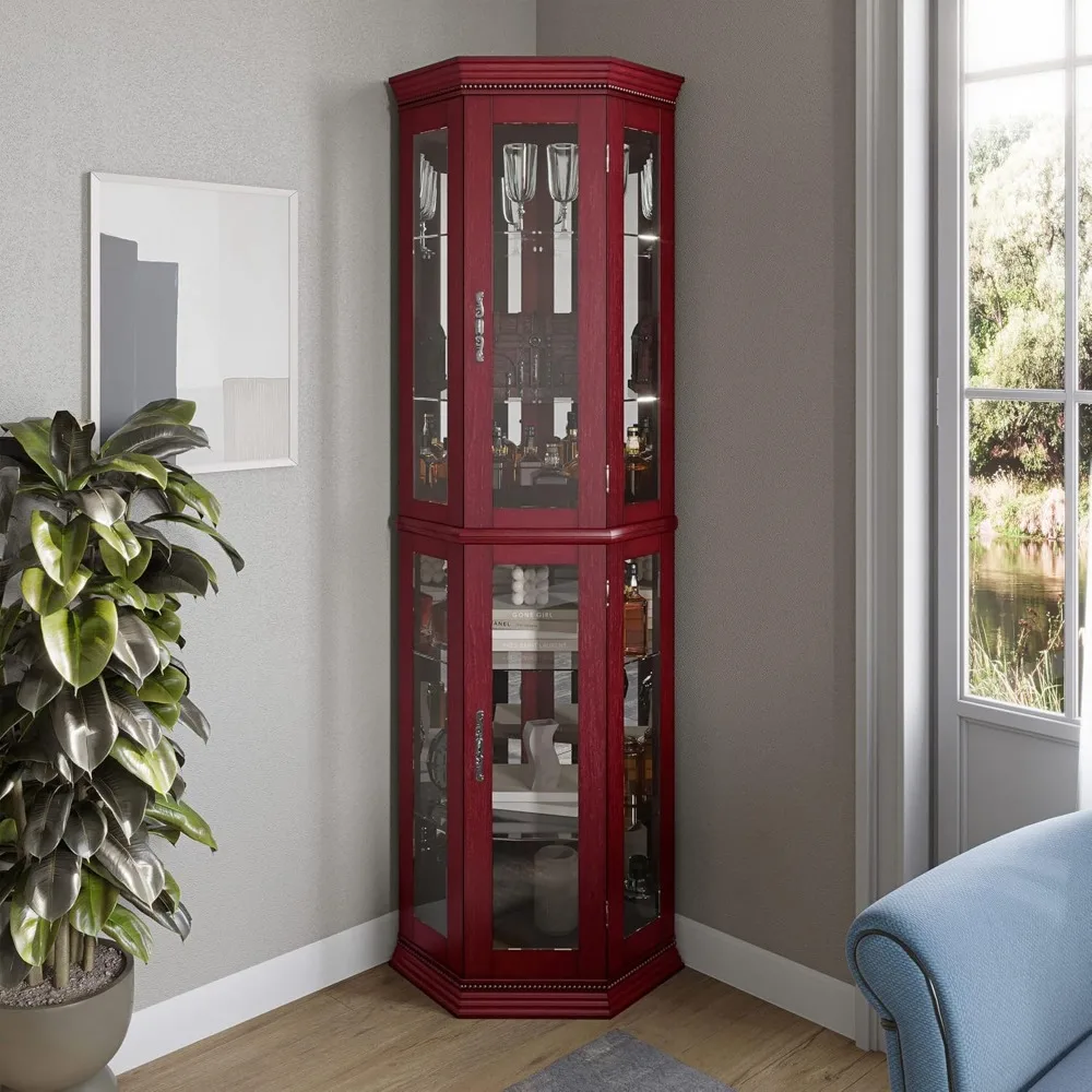 Lighted Wooden Corner Display Curio Cabinet, Two Section Shelving Unit with Tempered Glass Door, Bar and Liquor Storage Area wi
Lighted Wooden Corner Display Curio Cabinet, Two Section Shelving Unit with Tempered Glass Door, Bar and Liquor Storage Area wi