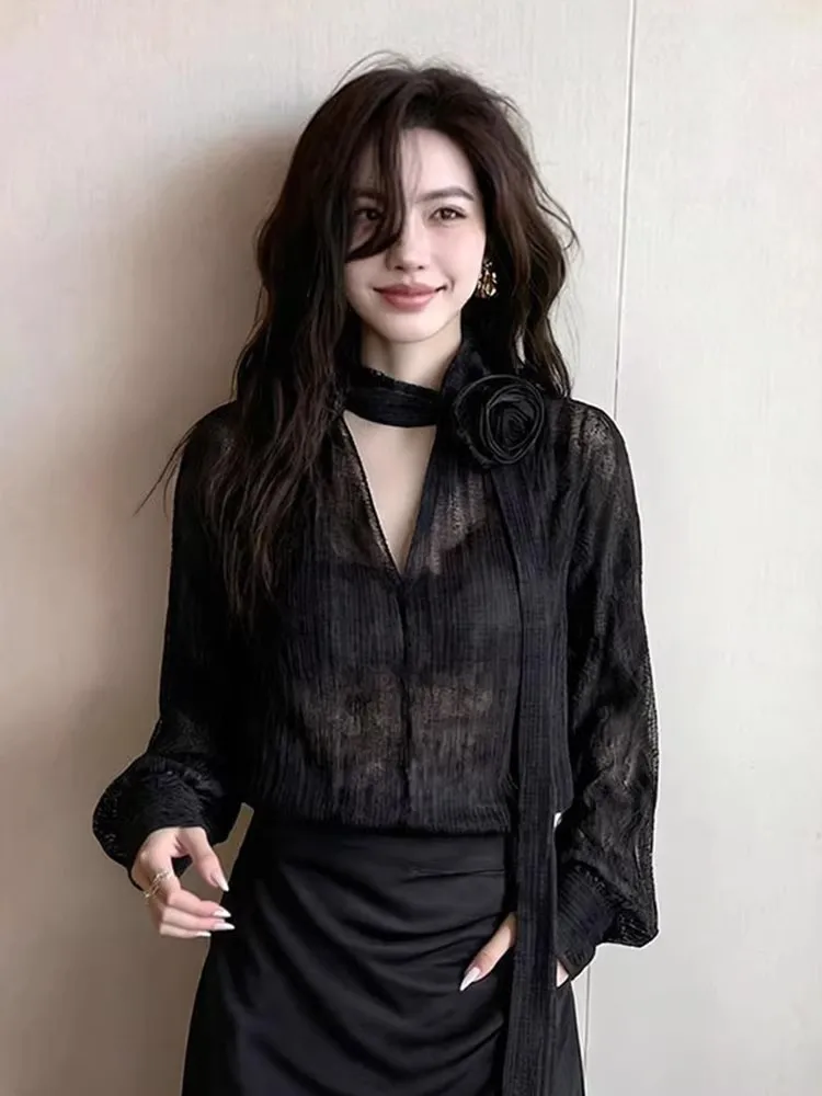 Elegant Black Lace Shirt with Sash Long Sleeve V-Neck Commute Style Korean Version Polyester Fiber Thin Sun Protection
Elegant Black Lace Shirt with Sash Long Sleeve V-Neck Commute Style Korean Version Polyester Fiber Thin Sun Protection