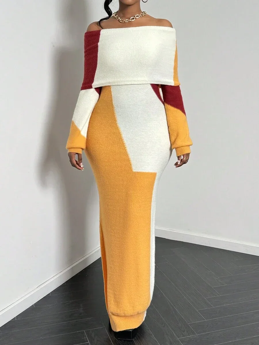 Bold Colorblock Off-Shoulder Knit Maxi Dress, Long Sleeve, Side Slit, Slim Fit For Autumn Winter All Seasons
Bold Colorblock Off-Shoulder Knit Maxi Dress, Long Sleeve, Side Slit, Slim Fit For Autumn Winter All Seasons