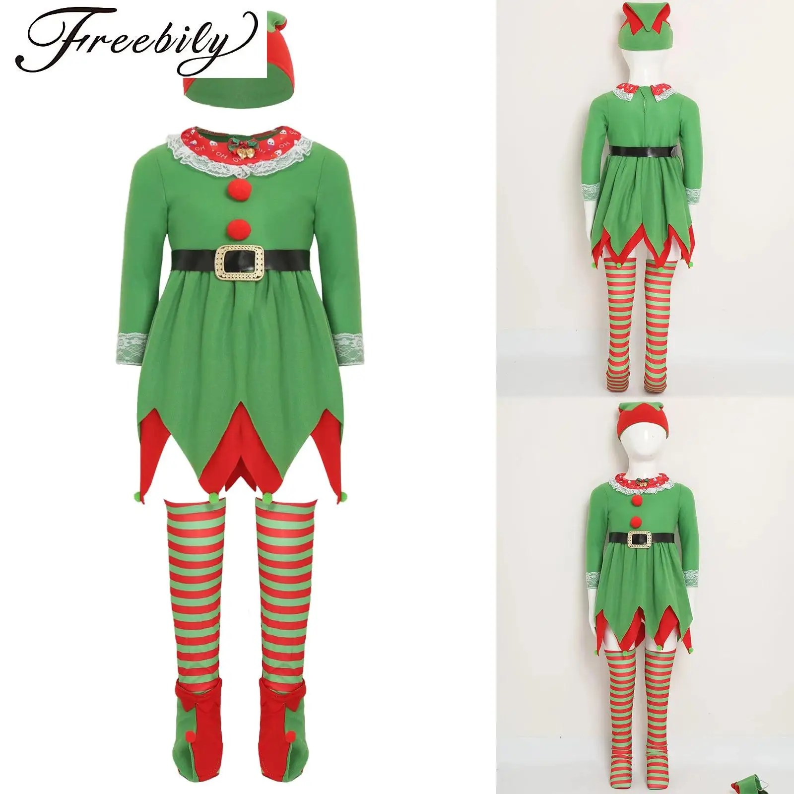 Girls Christmas Green Elf Costume Lace Trim Long Sleeve Jagged Hem Fairy Dress with Hat Sock Fancy Santa Claus Cosplay Outfits
Girls Christmas Green Elf Costume Lace Trim Long Sleeve Jagged Hem Fairy Dress with Hat Sock Fancy Santa Claus Cosplay Outfits
