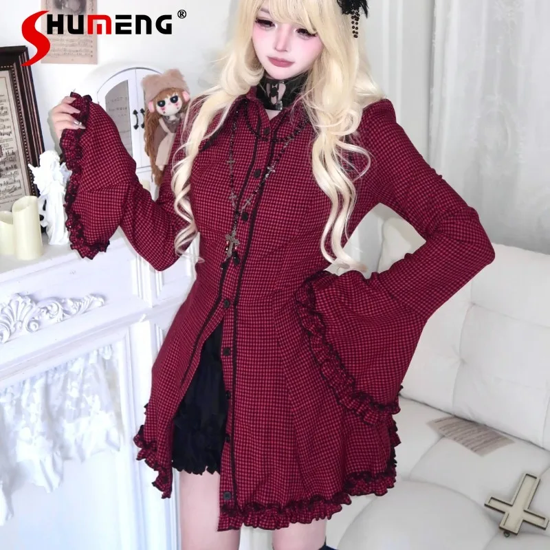 Japanese Gothic Dark Plaid Dress Women's Slim Waist Ruffle Bow Long Sleeves Single-breasted Aesthetic Soft Girls Midi Dresses
Japanese Gothic Dark Plaid Dress Women's Slim Waist Ruffle Bow Long Sleeves Single-breasted Aesthetic Soft Girls Midi Dresses