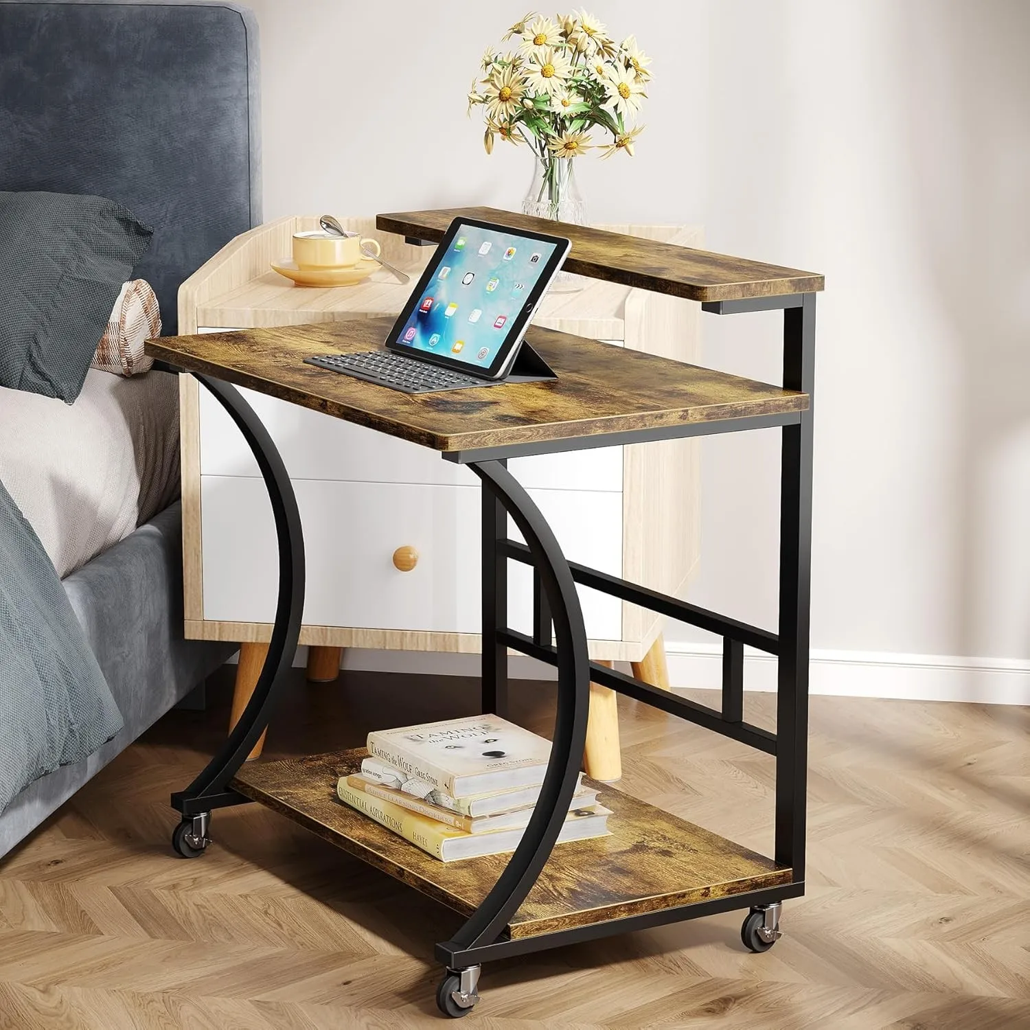 C-Shaped End Table with Wheels, Mobile Couch Table with Lockable Casters, Brown
C-Shaped End Table with Wheels, Mobile Couch Table with Lockable Casters, Brown