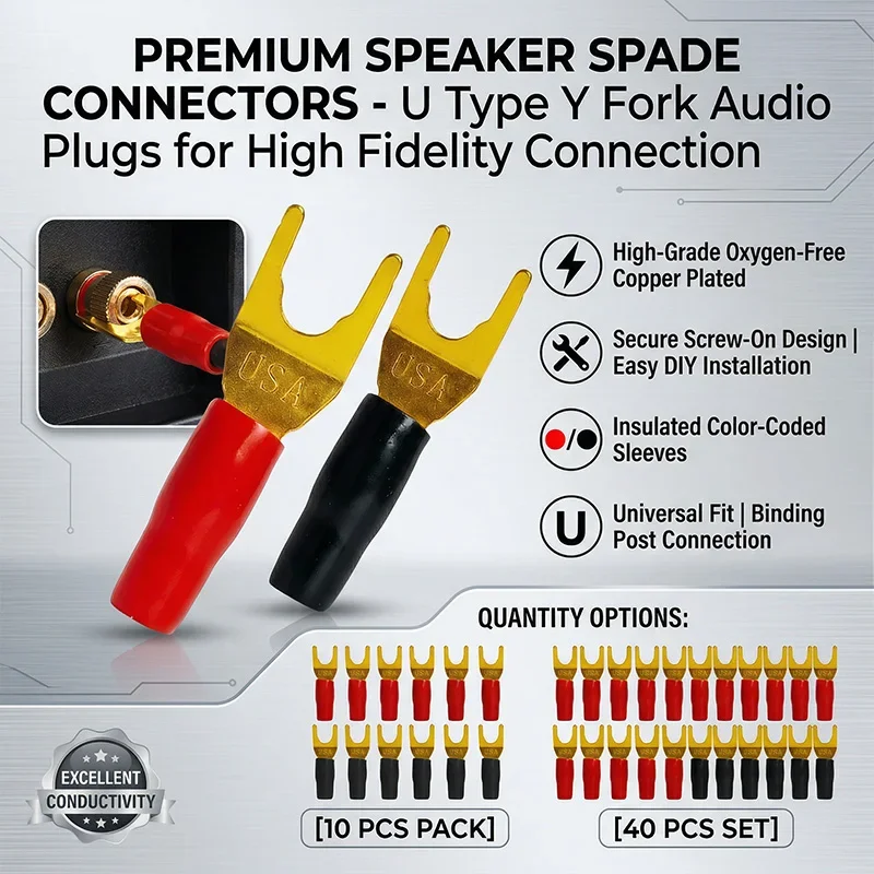 10/40PCS Speaker Spade Connectors Copper Plated, U Type Y Fork Audio Plugs for Speaker Wire and Binding Post Connection
10/40PCS Speaker Spade Connectors Copper Plated, U Type Y Fork Audio Plugs for Speaker Wire and Binding Post Connection