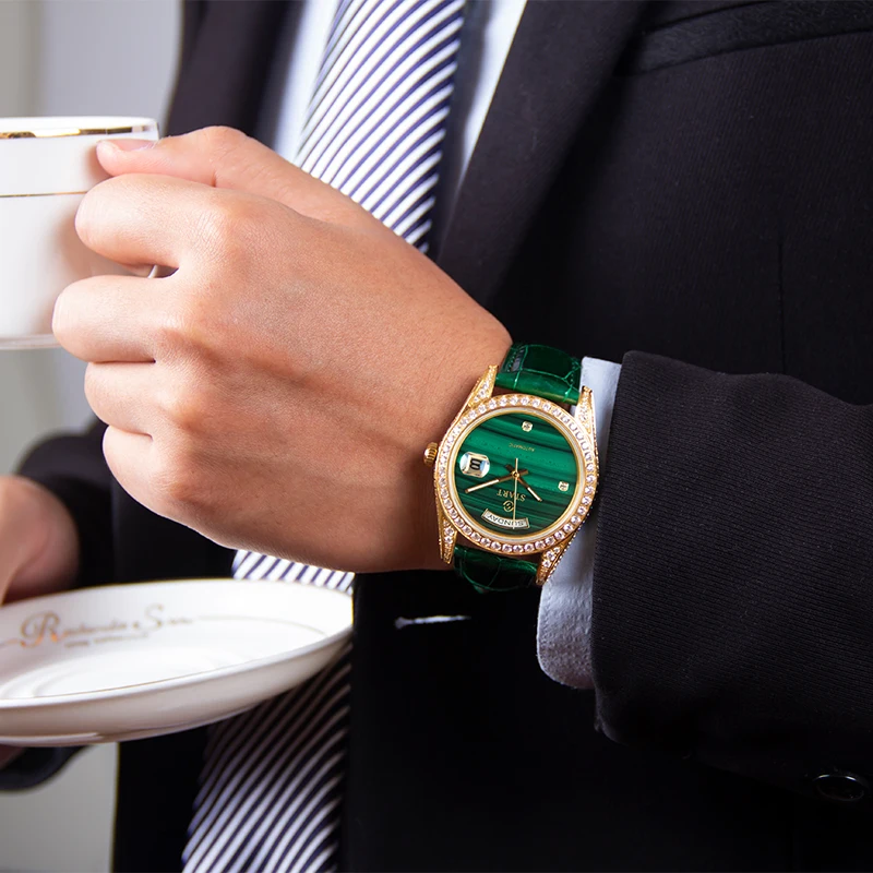 【START】Мужские часы с малахитом и бриллиантами водонепроницаемые часы с датой и неделей автоматические механические часы с пряжкой-бабочкой ремешок из кожи аллигатора
【START】Мужские часы с малахитом и бриллиантами водонепроницаемые часы с датой и неделей автоматические механические часы с пряжкой-бабочкой ремешок из кожи аллигатора