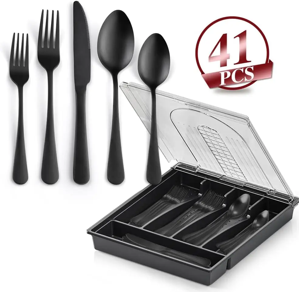 41-Piece Matte Black Silverware Set with Drawer Organizer, Stainless Steel Flatware for 8
41-Piece Matte Black Silverware Set with Drawer Organizer, Stainless Steel Flatware for 8