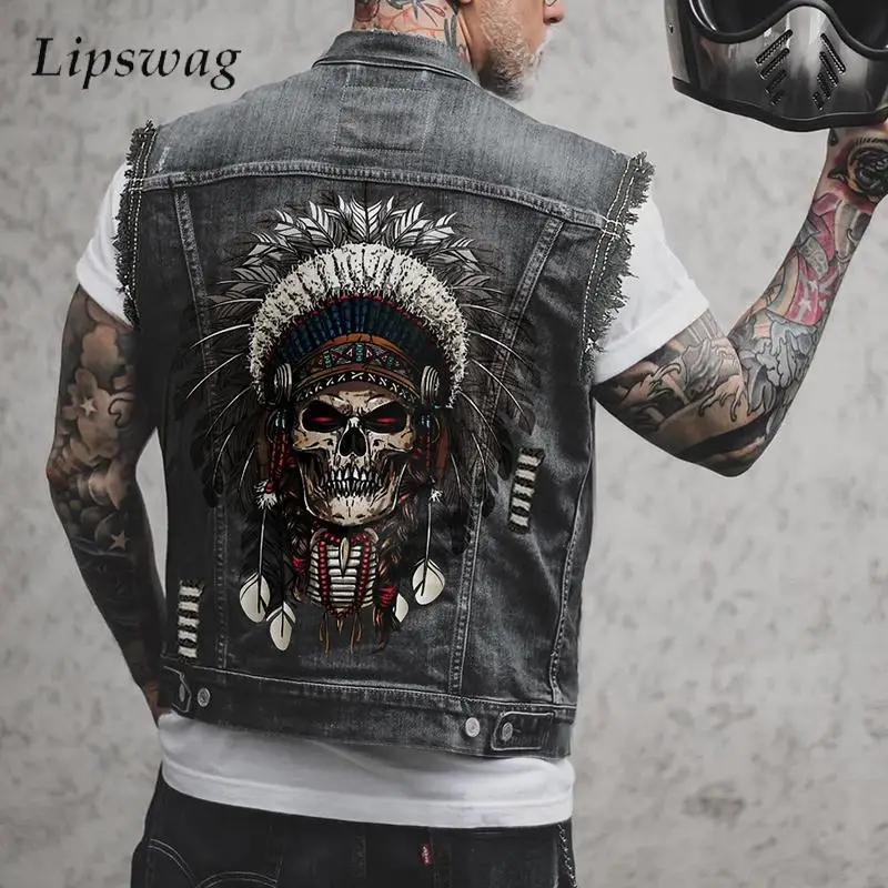 Slim Denim Vest Mens Jackets Spring Summer Classic Skull Print Sleeveless Lapel Jean Shirts Men Vintage Ripped Denim Tank Tops
Slim Denim Vest Mens Jackets Spring Summer Classic Skull Print Sleeveless Lapel Jean Shirts Men Vintage Ripped Denim Tank Tops