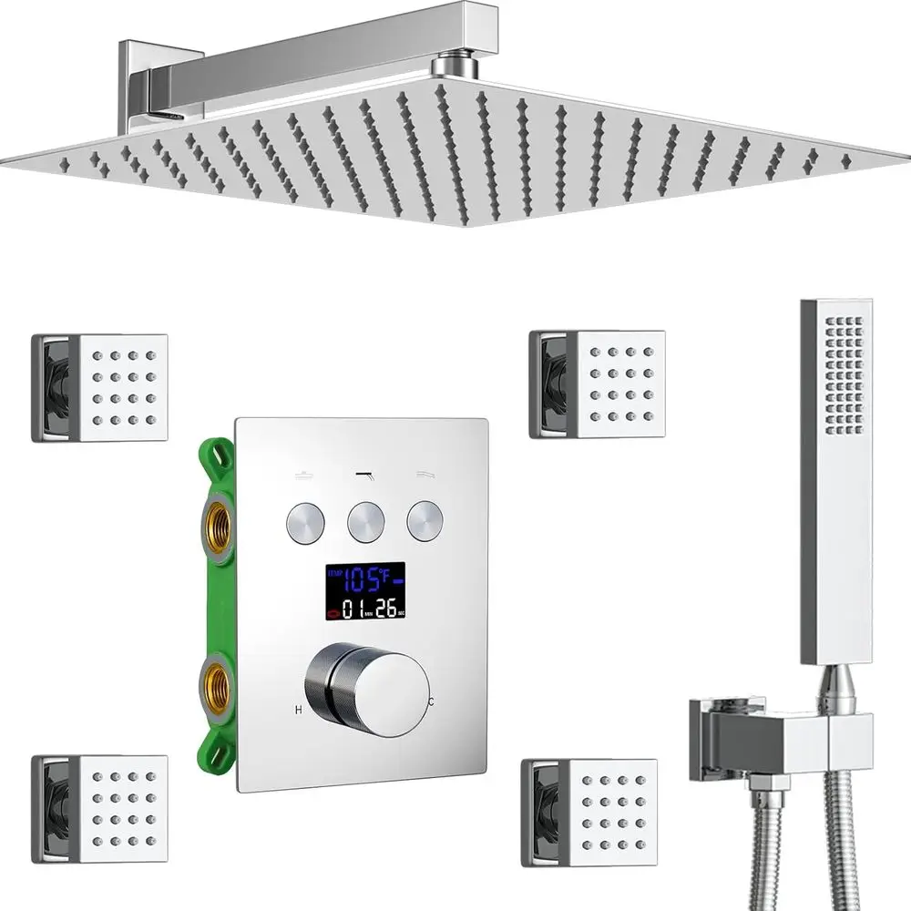 12-Inch Wall-Mounted LED Digital Shower System with Body Jets and Full Body Spray Massage, Chrome Finish
12-Inch Wall-Mounted LED Digital Shower System with Body Jets and Full Body Spray Massage, Chrome Finish