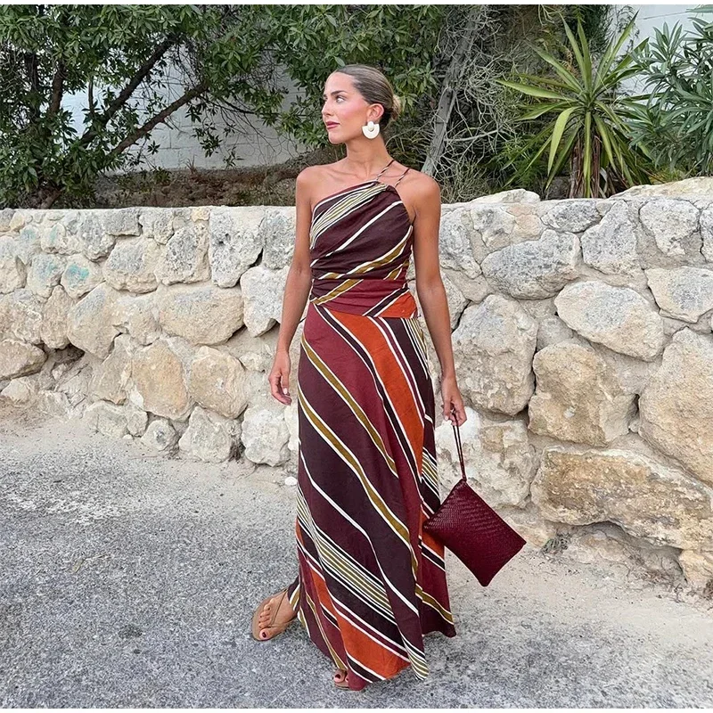 Women Stripe Printed Maxi Dress Sexy Single Shoulder Sleeveless Off-shoulder Long Robe Lady New Chic Holiday Summer 2026 Gowns
Women Stripe Printed Maxi Dress Sexy Single Shoulder Sleeveless Off-shoulder Long Robe Lady New Chic Holiday Summer 2026 Gowns