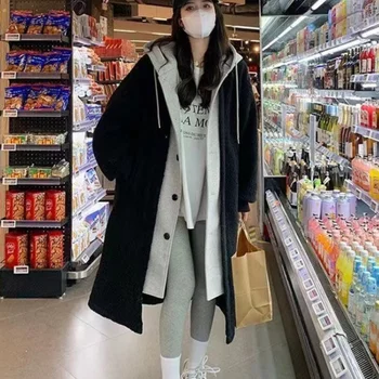 여성용 가짜 양모 털 코팅 후드 재킷 중장비 스타일 레이스업 디자인 봄/가을/겨울용 패딩 장식 넓은 사이즈