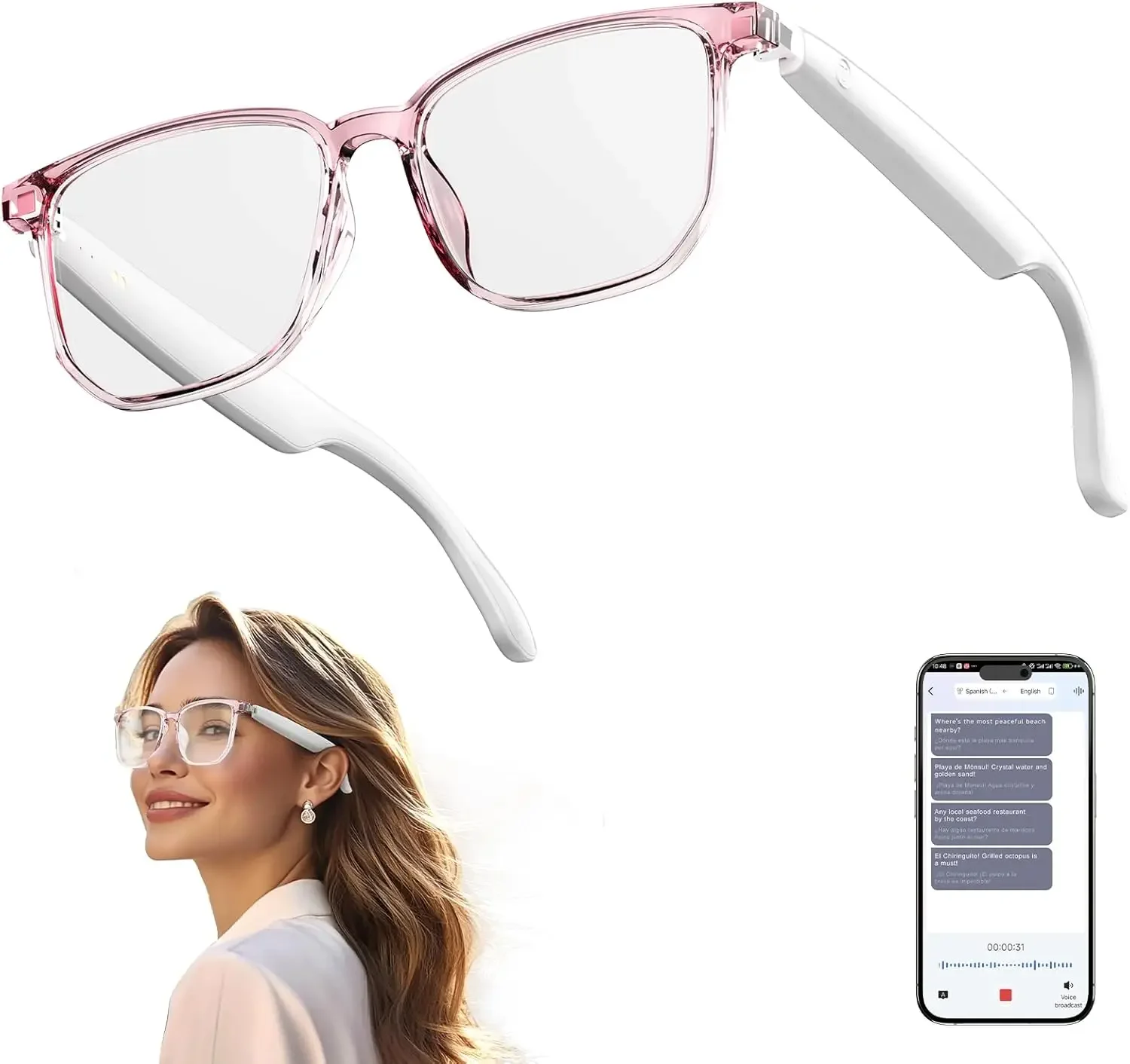 AI Smart Glasses, Bluetooth 5.4 Translation Glasses with 144 Language & Accents, Blue Light Filtering Lenses, Multifunctional Smart Glasses for Men Women, Travel Meeting Trade Business HY-C8 White
AI Smart Glasses, Bluetooth 5.4 Translation Glasses with 144 Language & Accents, Blue Light Filtering Lenses, Multifunctional Smart Glasses for Men Women, Travel Meeting Trade Business HY-C8 White