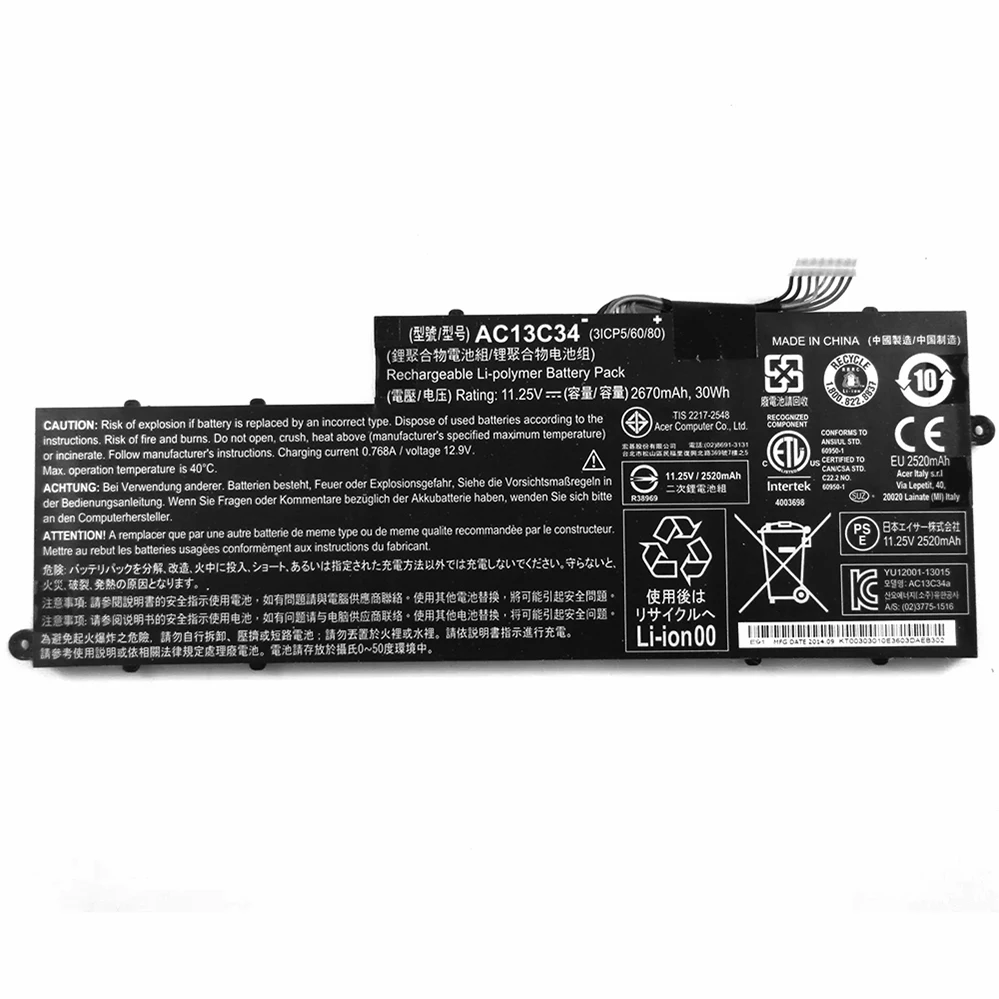 Original 11.4V 2640mAh AC13C34 Notebook Battery for Acer Aspire V5-122P V5-132 E3-111 E3-112 ES1-111M
Original 11.4V 2640mAh AC13C34 Notebook Battery for Acer Aspire V5-122P V5-132 E3-111 E3-112 ES1-111M