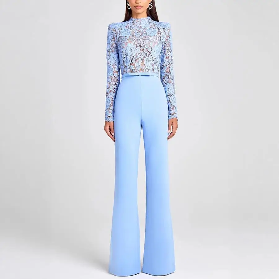 Women's Lace Trim Long Pants Jumpsuit High Waist Flared Leg Polyester Fiber Autumn Collection Faion Ladies' One-Piece Suit
Women's Lace Trim Long Pants Jumpsuit High Waist Flared Leg Polyester Fiber Autumn Collection Faion Ladies' One-Piece Suit