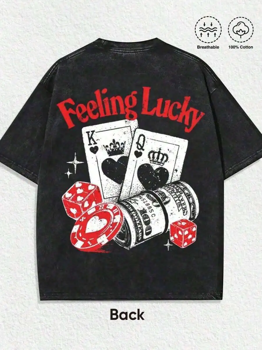 Retro Feeling Lucky Casino Graphic Tee With King Queen Cards Dice Chips Dollar Bills Print
Retro Feeling Lucky Casino Graphic Tee With King Queen Cards Dice Chips Dollar Bills Print