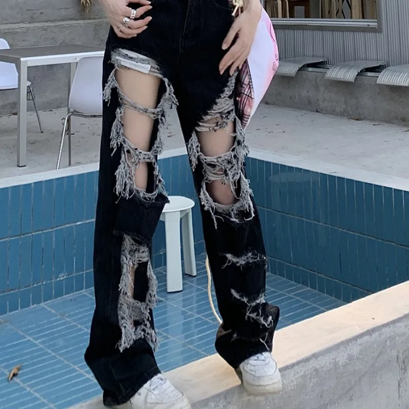 Vintage New Black High Waist Women Jeans Worn-out American Streetwear Wide Leg Jean Female Trouser Straight Baggy Denim Pants
Vintage New Black High Waist Women Jeans Worn-out American Streetwear Wide Leg Jean Female Trouser Straight Baggy Denim Pants