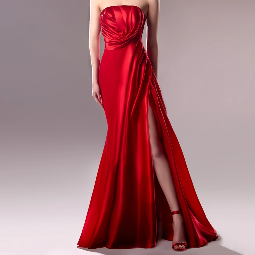 Customized Satin A-Line Strapless Evening Dress Side Slit Floor Length Sleeveless Zipper Back Sweep Train Red Temperament
Customized Satin A-Line Strapless Evening Dress Side Slit Floor Length Sleeveless Zipper Back Sweep Train Red Temperament