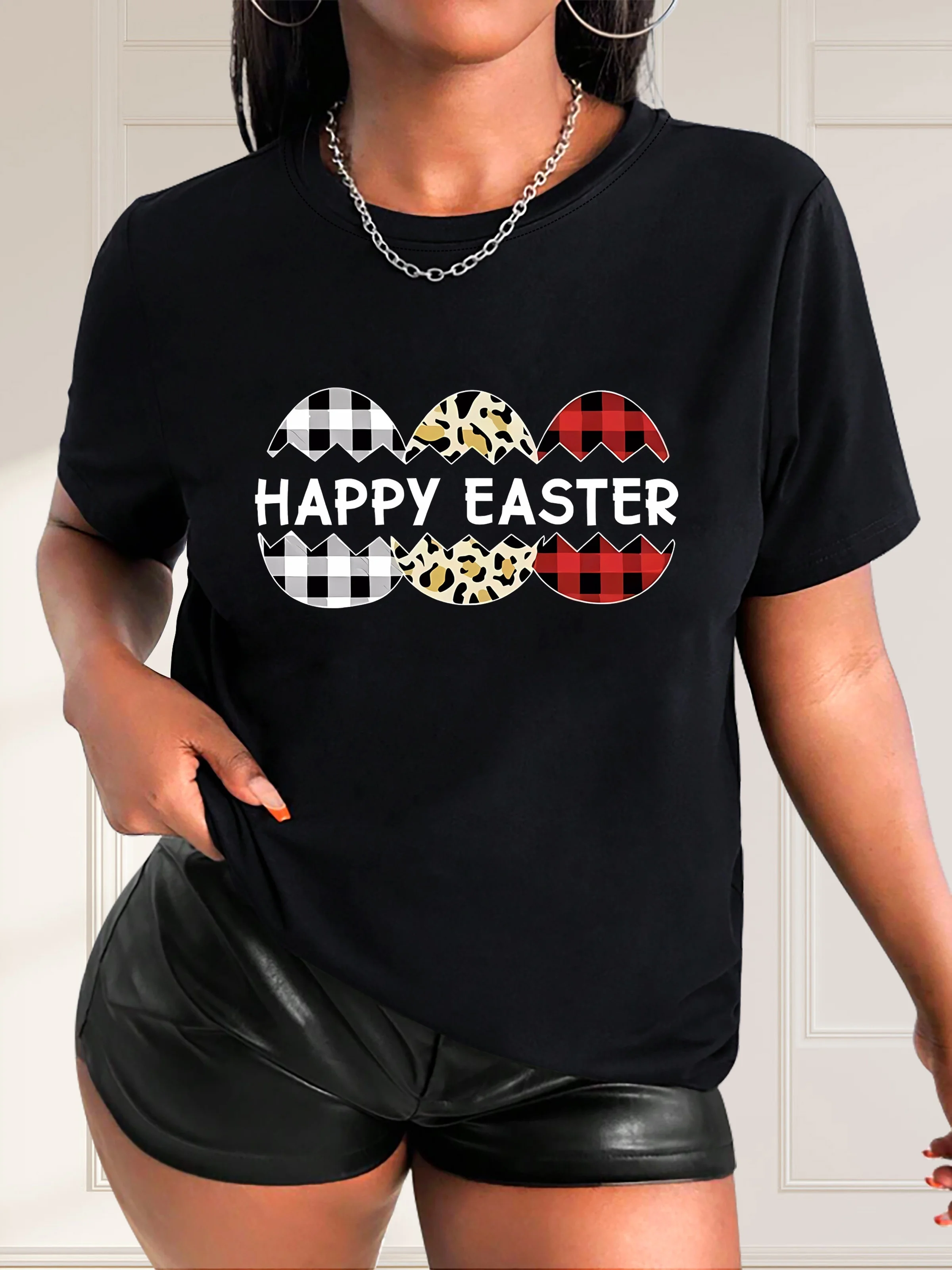 Happy Easter Checkered Egg Print Casual Sports Tee, Fashionable Short Sleeves Workout T-shirt Top, Women's Activewear
Happy Easter Checkered Egg Print Casual Sports Tee, Fashionable Short Sleeves Workout T-shirt Top, Women's Activewear