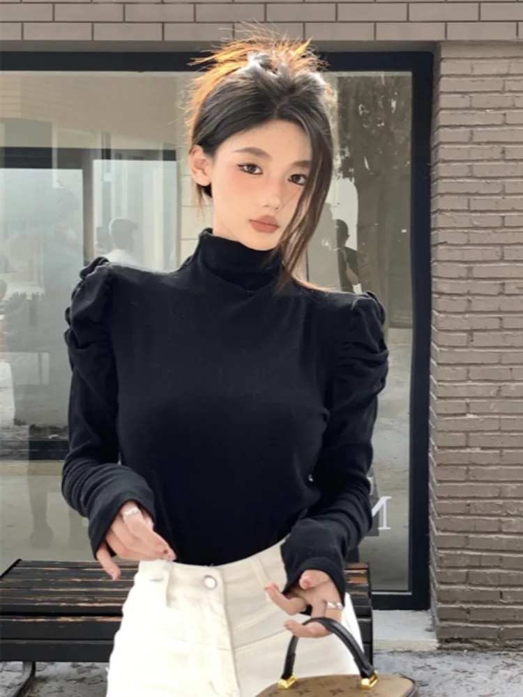 Elegant Black Bubble Sleeve Base Shirt Women's Slim Fit High Collar T-Shirt Korean Style Commute Fashion Winter Season
Elegant Black Bubble Sleeve Base Shirt Women's Slim Fit High Collar T-Shirt Korean Style Commute Fashion Winter Season